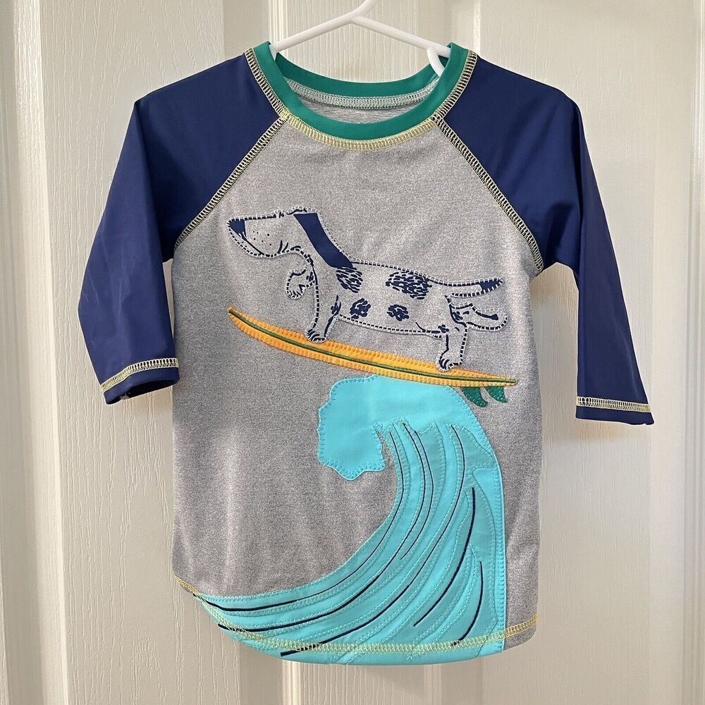 Mud Pie Surfer Dog Rashguard Top Applique UPF 50+ Boys Size Medium 2T-3T